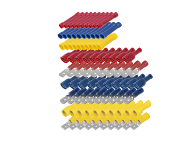 ASSORTIMENT 90 COSSES ISOLÉE 6.3MM  MÂLE/ FEMELLE/ TUBE/ JAUNE/ ROUGE/ BLEU 